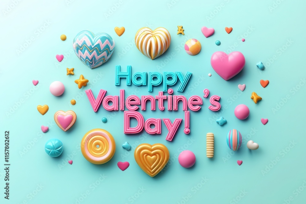 Vibrant heart-shaped candies and playful decorations create a festive atmosphere for Valentines Day. The arrangement showcases various shapes and colors, enhancing the celebratory mood.