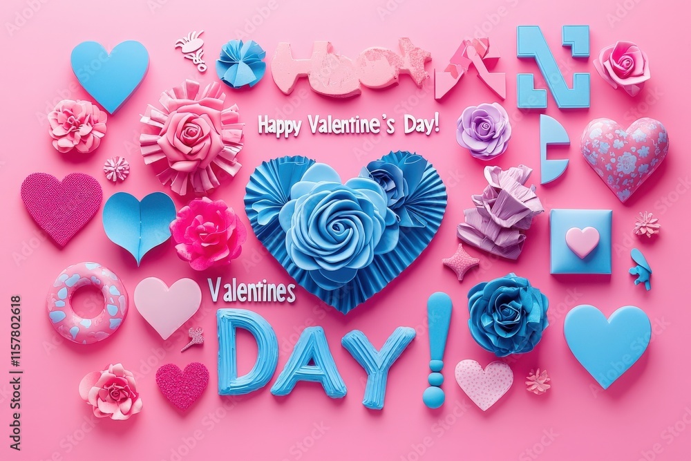 Colorful display of Valentines Day decorations, including heart shapes, flowers, and playful text. Various shades of pink and blue create a cheerful and festive atmosphere for the holiday.