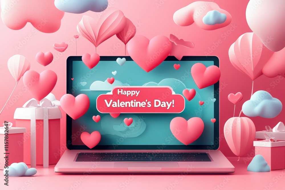 A laptop display shows a colorful Valentines Day greeting surrounded by floating hearts and pastel gifts. The playful scene captures the essence of love and celebration.