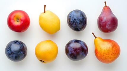 Wall Mural - Overhead shot of colorful fruits arranged on a white background. Includes apples, pears, and plums in various shades of red, yellow, and purple.