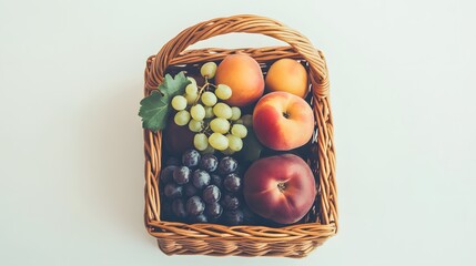 Wall Mural - A wicker basket brimming with fresh, ripe fruit.  Peaches and two types of grapes fill the basket, creating a vibrant and healthy image.