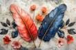 © ritam - 3 panel wall art, marble background with feather and flower designs