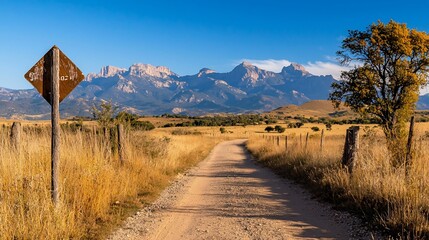 Poster - Scenic dirt road leads to majestic mountains under a clear blue sky.