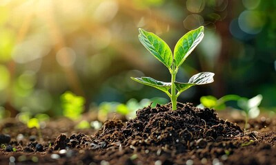 Wall Mural - Young plant sprouting from rich soil with sunlight filtering through foliage