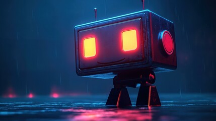 A cute little robot in the rain. AI.