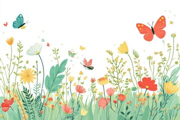 Poster - Colorful meadow filled with flowers and butterflies creating a playful spring atmosphere in a sunny field. Generative AI