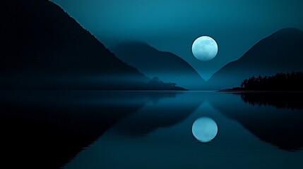 Poster - Full moon over serene lake reflecting mountains at night.