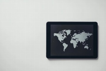 Poster - World map displayed on a tablet with ample copy space for creative mock up designs and text placement. Generative AI