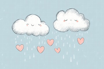 Poster - Whimsical hand drawn clouds with hearts for a playful Valentines Day design. Generative AI