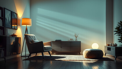 Interior of living room with armchair, pouf and lamp, comic art. isolated with white highlights