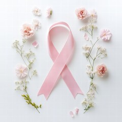 Aufkleber - Symbol of hope and resilience in the fight against cancer surrounded by delicate flowers and pink ribbon. Generative AI