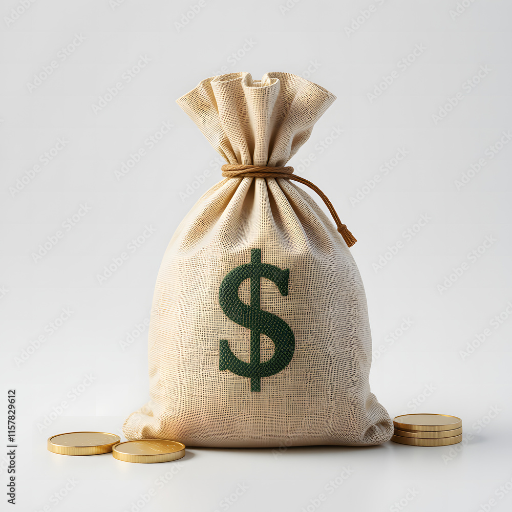 money bag with stacked coins realistic 3D isolated on transparent ...