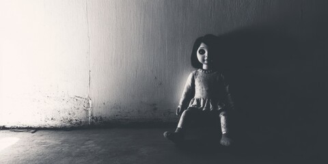 Wall Mural - A Haunting Doll Cast in Shadows An Unsettling and Chillingly Eerie Scene Unfolds Before Your Eyes