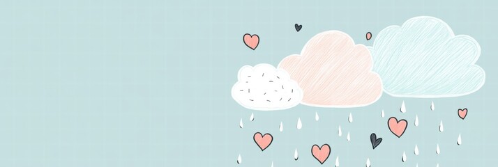 Leinwandbilder - Whimsical hand drawn Valentines Day design featuring clouds, rain, and hearts with ample space for personalized text. Generative AI