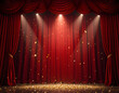 © Sajeduil - Red stage and curtain in theater background with bright lights and falling gold confetti