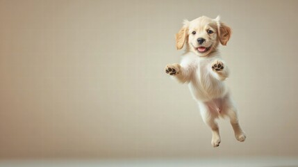 Poster - Joyful puppy jumping in mid air with plenty of space for text placement and mock up usage. Generative AI