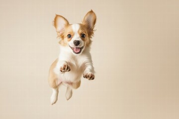 Poster - Joyful puppy leaps in mid air, capturing playful energy and excitement with ample space for creative text placement. Generative AI