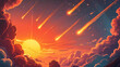 © Thiago - A dramatic, fantasy landscape with fiery meteors falling against a backdrop of swirling clouds and a setting sun. Eclipticae. Illustration