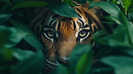 Wall Mural - tiger hiding in dark green foliage.