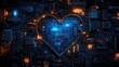 © O - Glowing heart shape on circuit board with blue and orange lights. The 14th of February. Happy Valentine's Day