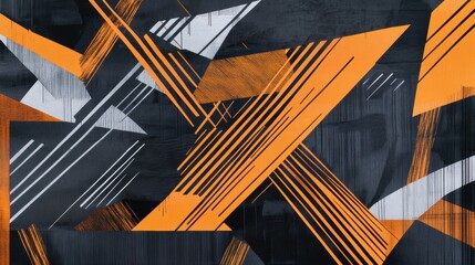 Wall Mural - Abstract angular compositions with intersecting vibrant orange, dark charcoal, and metallic gray lines, creating a chaotic yet structured modern geometric aesthetic. Background