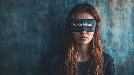 A woman with long red hair and a gray shirt stands in front of a blue wall, her face obscured by what appears to be a piece of tape with the words Fake News written on it.