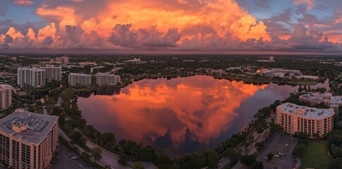 Sticker - Sunrise over Lake Eola, framed by Orlando's skyline, captured from above with vivid colors and tranquil reflections.