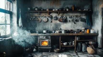 Poster - Rustic kitchen interior with wood stove, aged utensils, and stone walls.