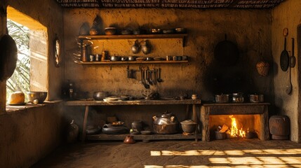 Poster - Rustic African kitchen with fireplace, shelves, and cooking utensils.