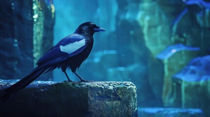 Black bird with white patch perched on rock, dark blue background.