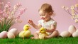 © Elizaveta - Joyful toddler enjoys playful moment with ducks in a springtime setting surrounded by flowers and eggs