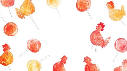 Leinwandbilder - Colorful rooster shaped lollipops surrounded by bright doodles and open space for custom text and designs. Generative AI