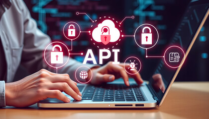 API Application Programming Interface Concept. A programmer types on a laptop, interacting with digital icons representing API development, security, and cloud computing. Application Software Tool, 