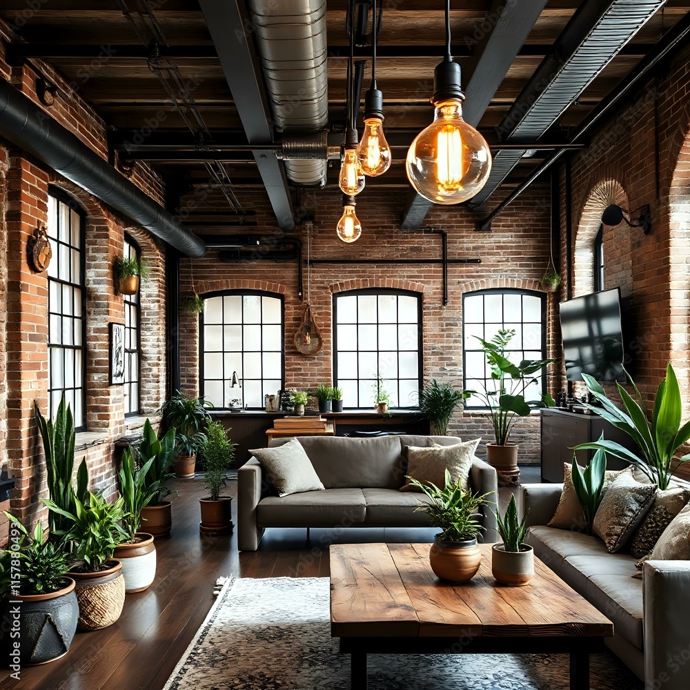 Photo inspiration: Inviting Industrial Loft Living Room With Exposed Brick Wall Wood Photo Inspiration