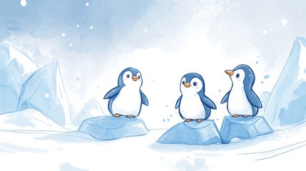 Poster - Playful penguins gather on icebergs in a whimsical winter landscape with space for text. Generative AI