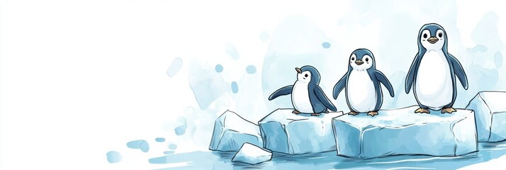 Poster - Playful penguins enjoying time on floating icebergs with space for creative text. Generative AI