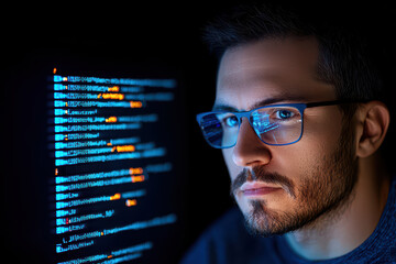 focused programmer working late at night, illuminated by code on screen
