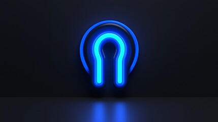 Canvas Print - glowing blue neon u-shape symbol in dark background.