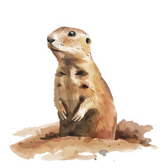 A watercolor illustration of a prairie dog standing outside its burrow, isolated on a white background. Prairie dog vector.
