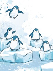 Poster - Playful penguins jumping on floating icebergs in a whimsical arctic environment with copy space for creative design. Generative AI