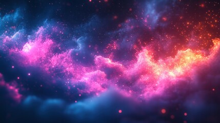 Wall Mural - Dreamy cosmic clouds in vibrant pink, orange, and blue hues, glowing with scattered starlight, creating a surreal and atmospheric nebula-like composition full of wonder. Background