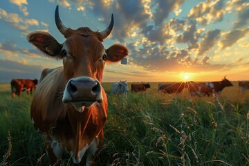 Wall Mural - Cows grazing in field at sunset  one looks at camera.