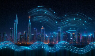 Wall Mural - concept of smart city and big data connection on night skyline with wavy blue digital wires and ante