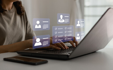 human resources and management concept. employees must complete the online survey form, answer test 