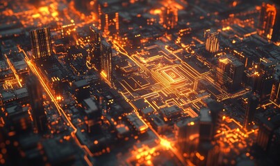 A smart city with technology network connectivity. Internet of things and social media connections.