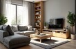 © Viktor - Cozy modern living room interior featuring sectional sofa wooden coffee table TV stand with large flat-screen TV, tall wooden bookcase. Natural light streams through large window. Stylish decor with