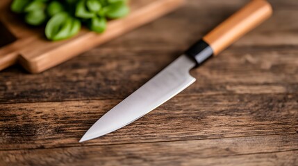 Knife is on a wooden table. The knife is silver and has a black handle