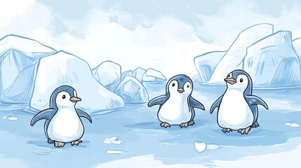 Poster - Playful penguins enjoying a fun time on floating icebergs with room for text. Generative AI