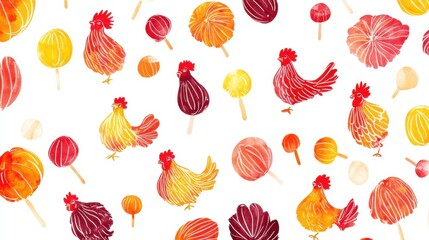 Leinwandbilder - Vibrant doodle of rooster shaped lollipops in bright colors with ample copy space for creative text placement. Generative AI