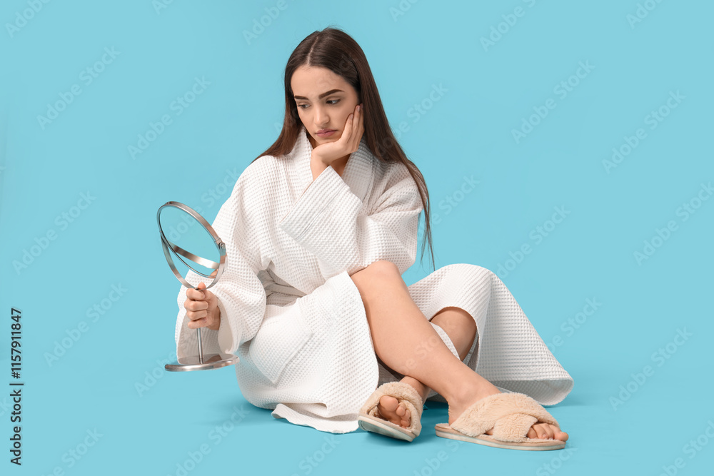 Upset young woman looking in mirror on blue background